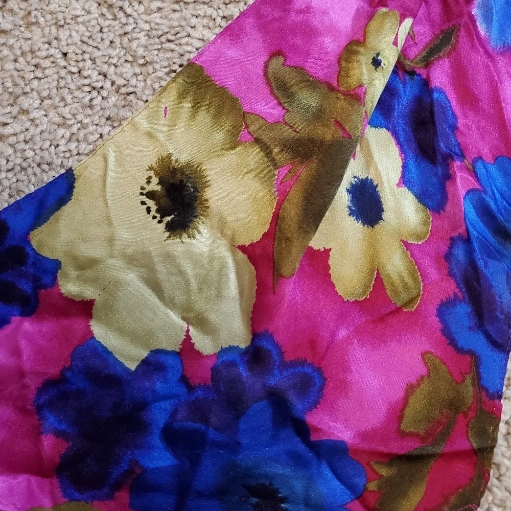Floral Silky Feeling Scarf - Pink and Blue with no brand or materials tag